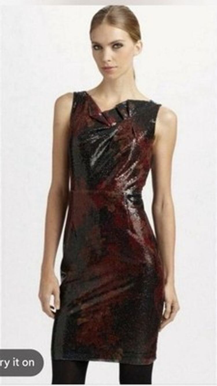 Elie Tahari Lori China Red Multi Sequin Sleeveless Cowl Neck Shift Dress Size 8